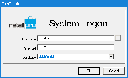 Picture of the Tech Toolkit dialog window showing the word RPROODS in the database field